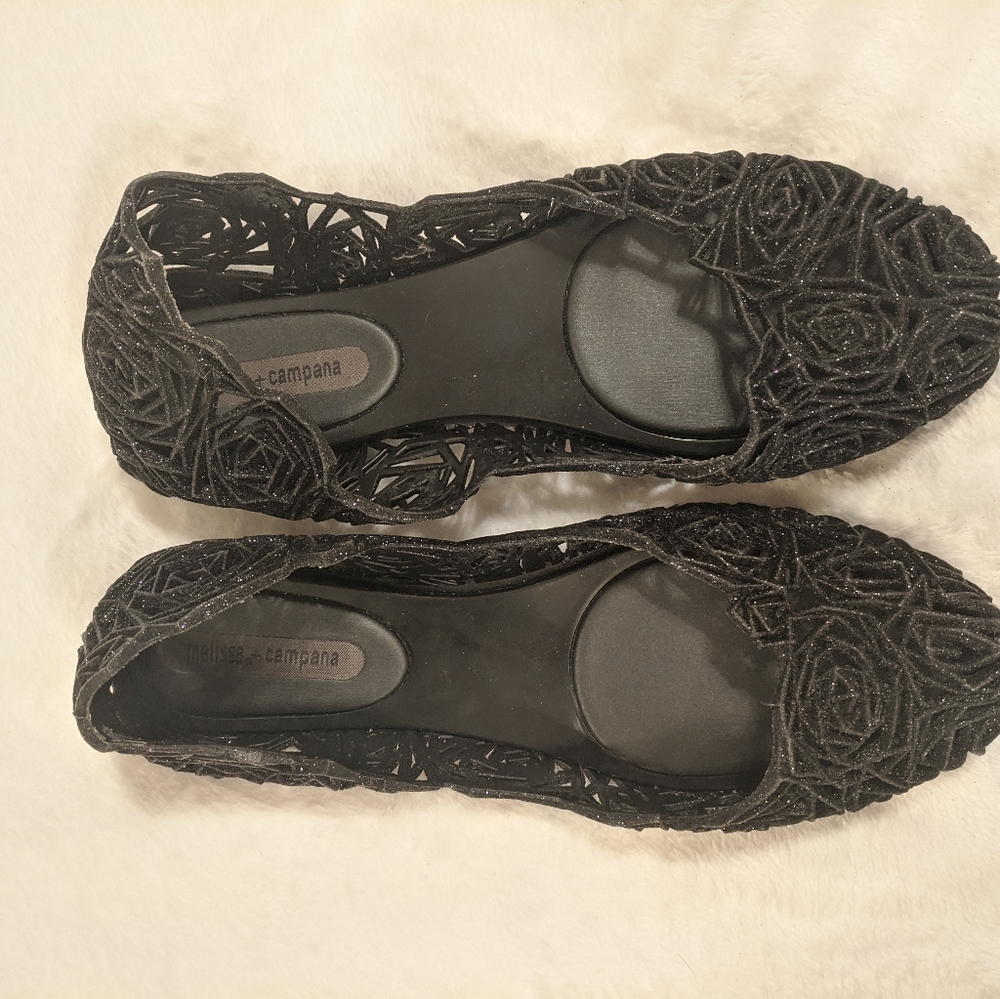 Melissa +Campana size 8 black sparkly flats. Rose/floral pattern